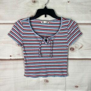So Top Juniors Medium Stripe T-Shirt Waffle Knit Crop Short Sleeve Lace Up Neck